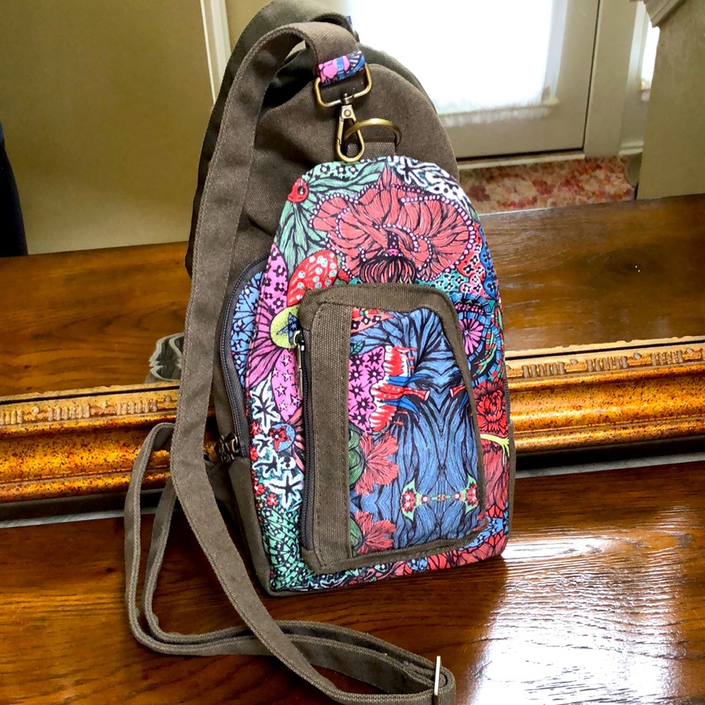 NWOT Black Butterfly canvas chest bag, shoulder hand bag, inclined shoulder bag.